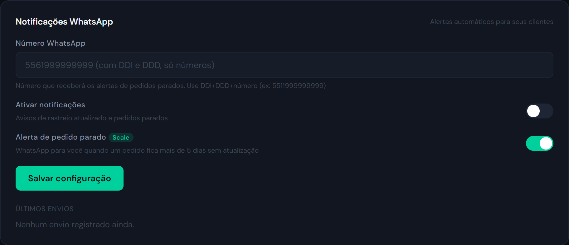 Painel — toggle de alerta parado com badge Scale