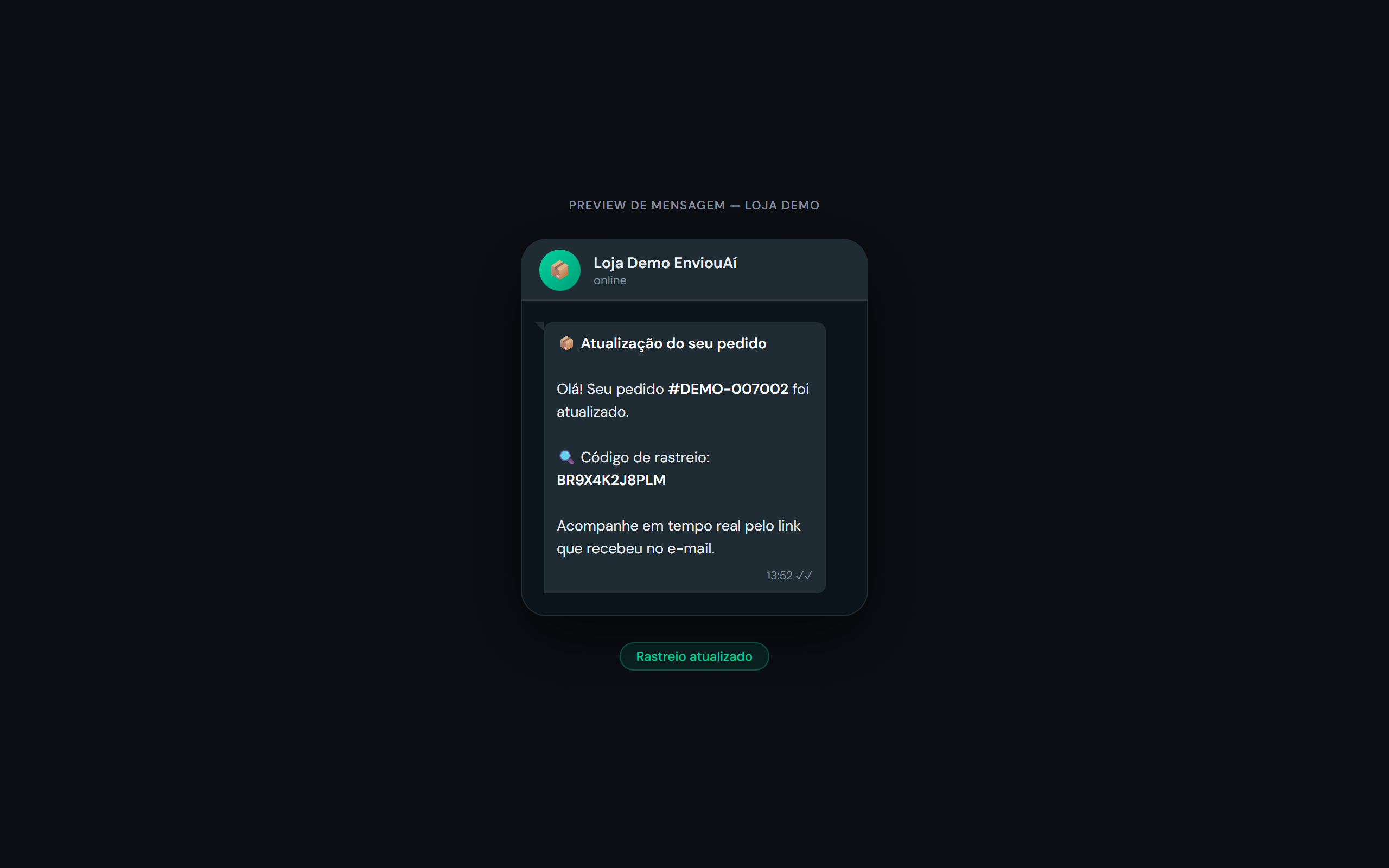 Preview da mensagem de rastreio atualizado