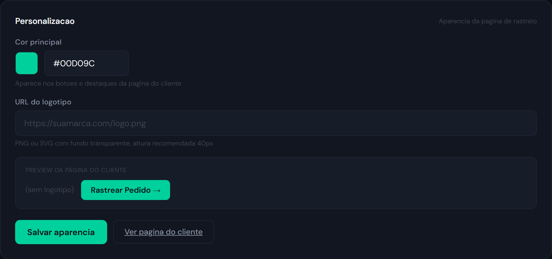 Painel — configurações de aparência (logo e cor)